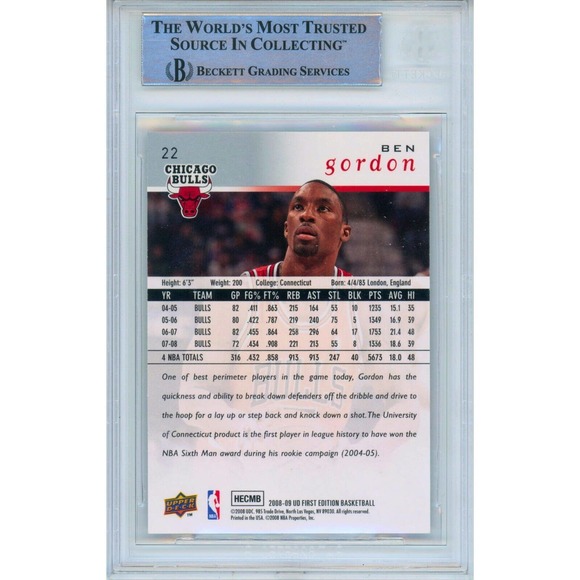 Ben Gordon Autographed Chicago Bulls Basketball Card 2008-09 Upper Deck Beckett - Picture 2 of 4